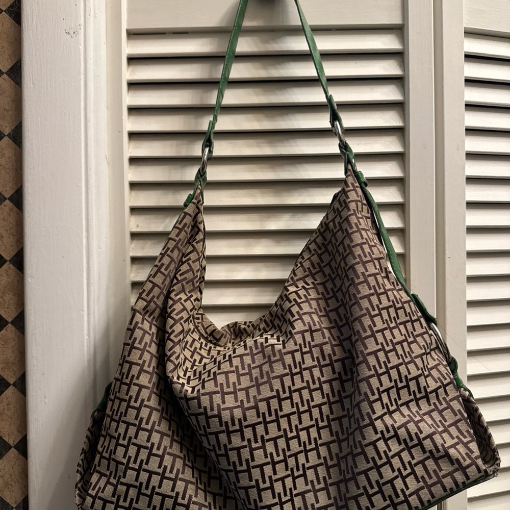 Tommy Hilfiger Brown and Green Shoulder Bag with Signature Design